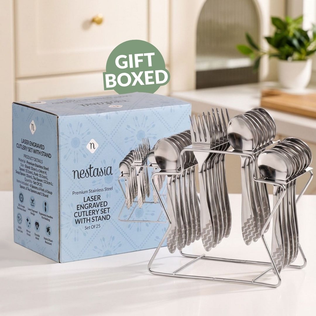 Etched Stainless Steel Cutlery With Stand Set Of 25