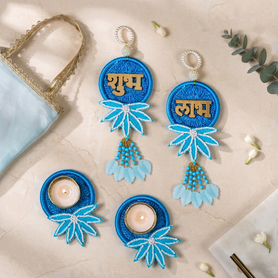 Aquabelle Tealight And Shubh Labh Wall Hanging Set Of 4 In Gift Bag