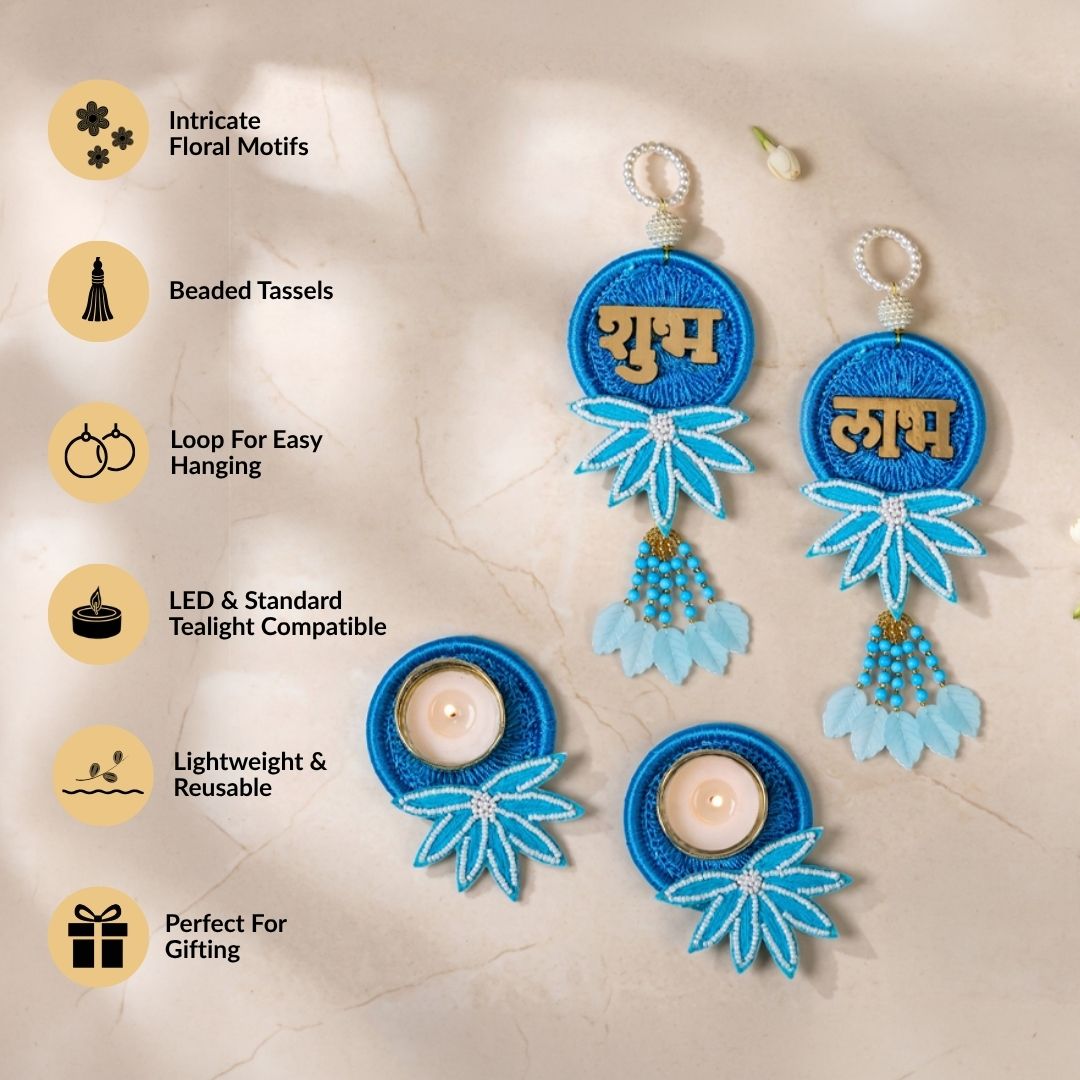 Aquabelle Tealight And Shubh Labh Wall Hanging Set Of 4 In Gift Bag