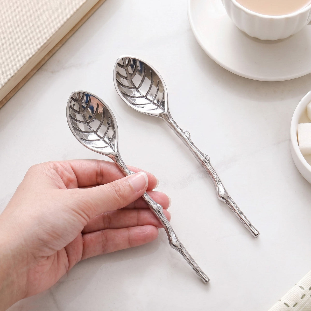 Silver Leaf Twig Tea Spoon Set Of 2