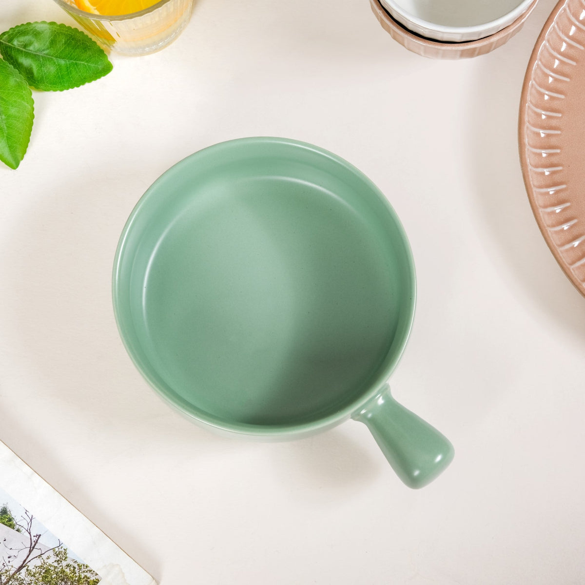 Ceramic Baking Bowl With Handle Sage Green 700ml