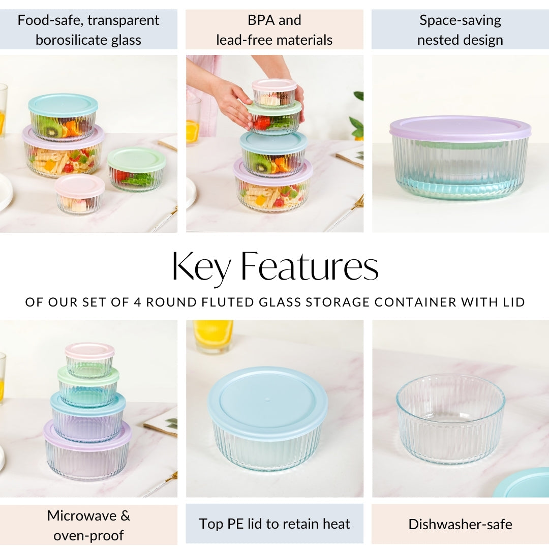 Set Of 4 Round Fluted Glass Food Storage Container With Lid S 230ml M 460ml L 950ml XL 1650ml