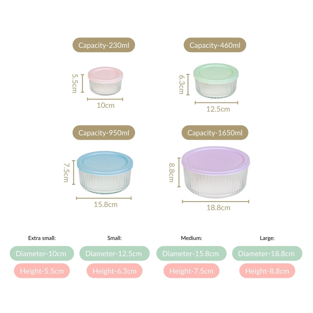Set Of 4 Round Fluted Glass Food Storage Container With Lid S 230ml M 460ml L 950ml XL 1650ml
