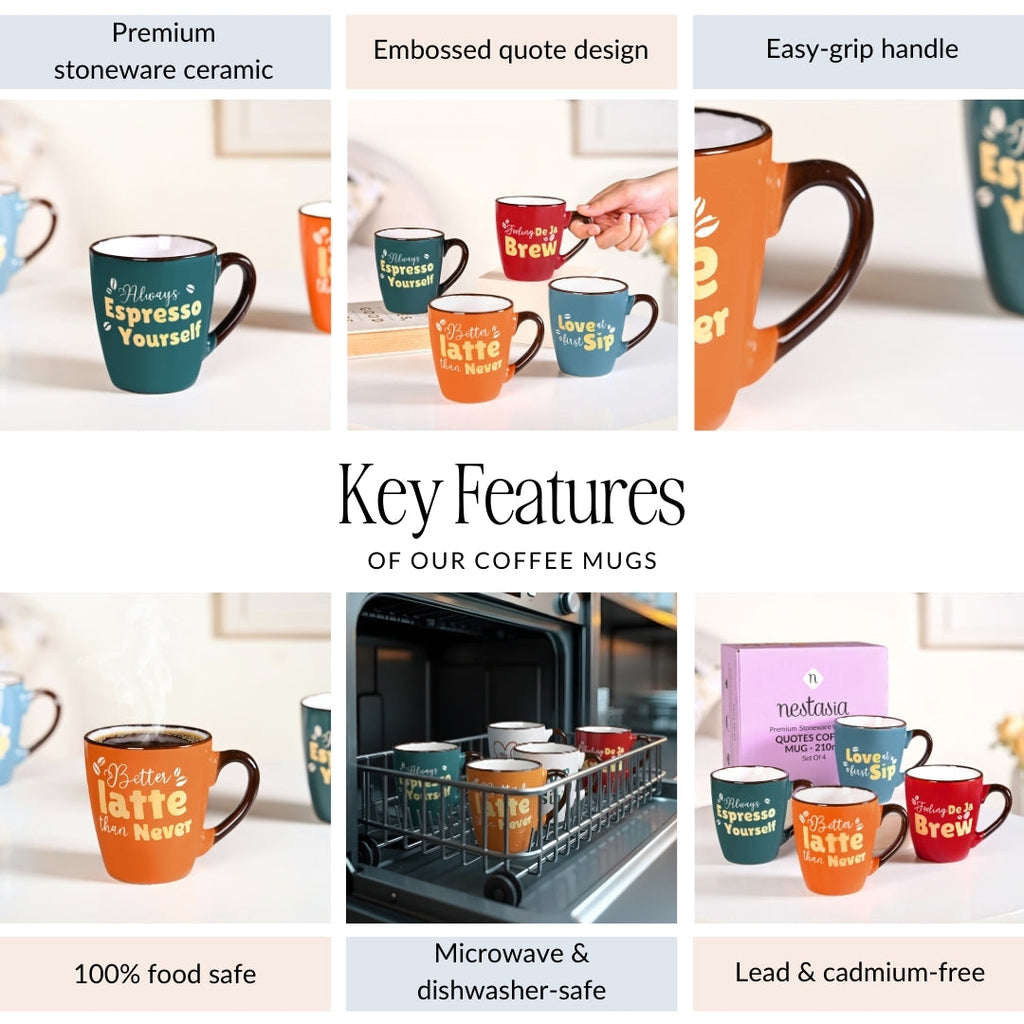 Coffee Quotes Ceramic Mug Set Of 4 210ml