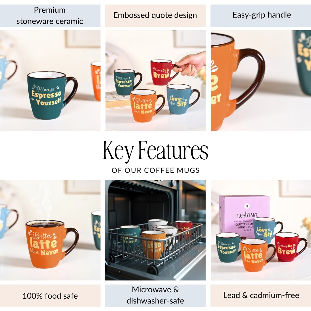 Coffee Quotes Ceramic Mug Set Of 4 210ml