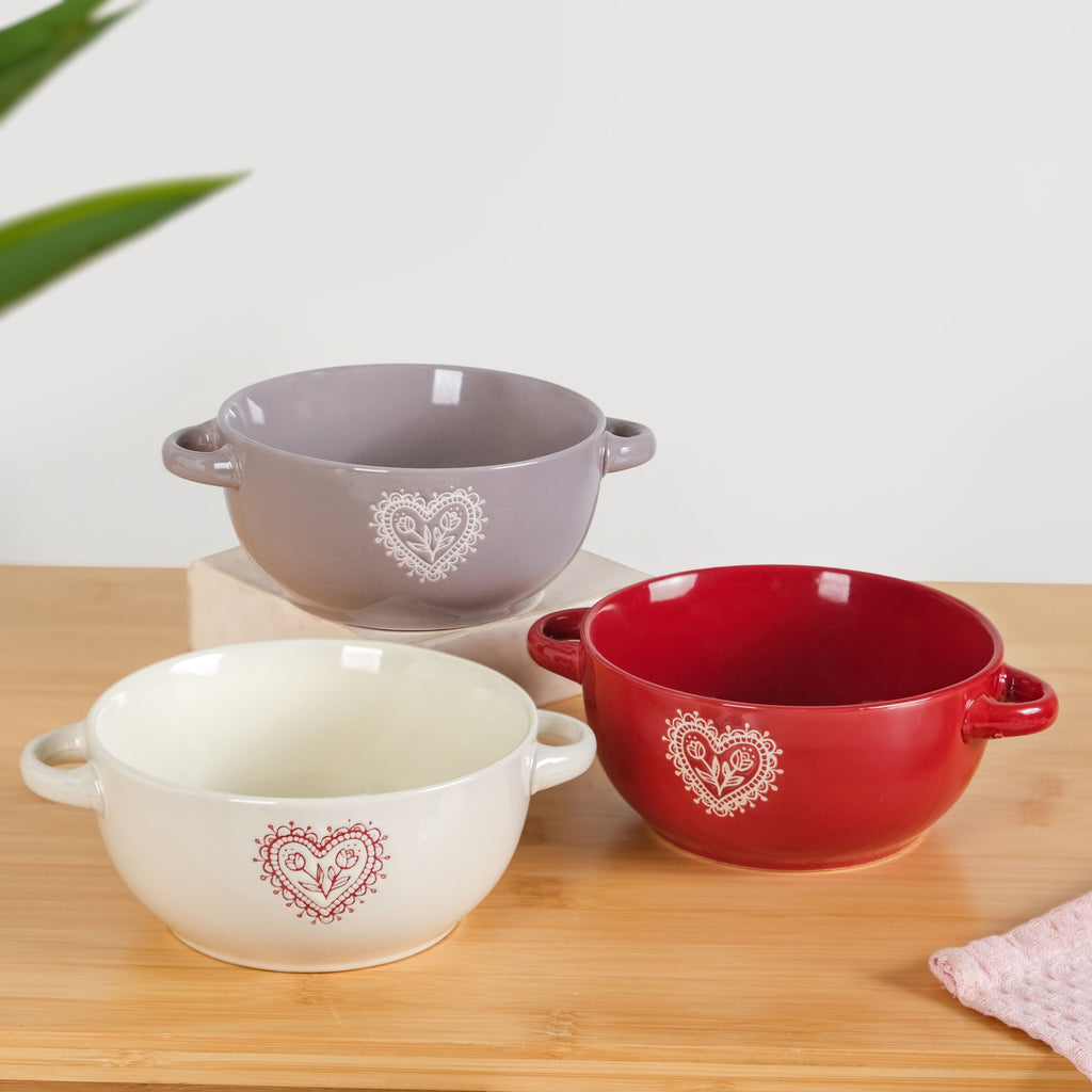 Hearty Ceramic Bowl With Handle Set Of 3 Red Grey Cream 370ml