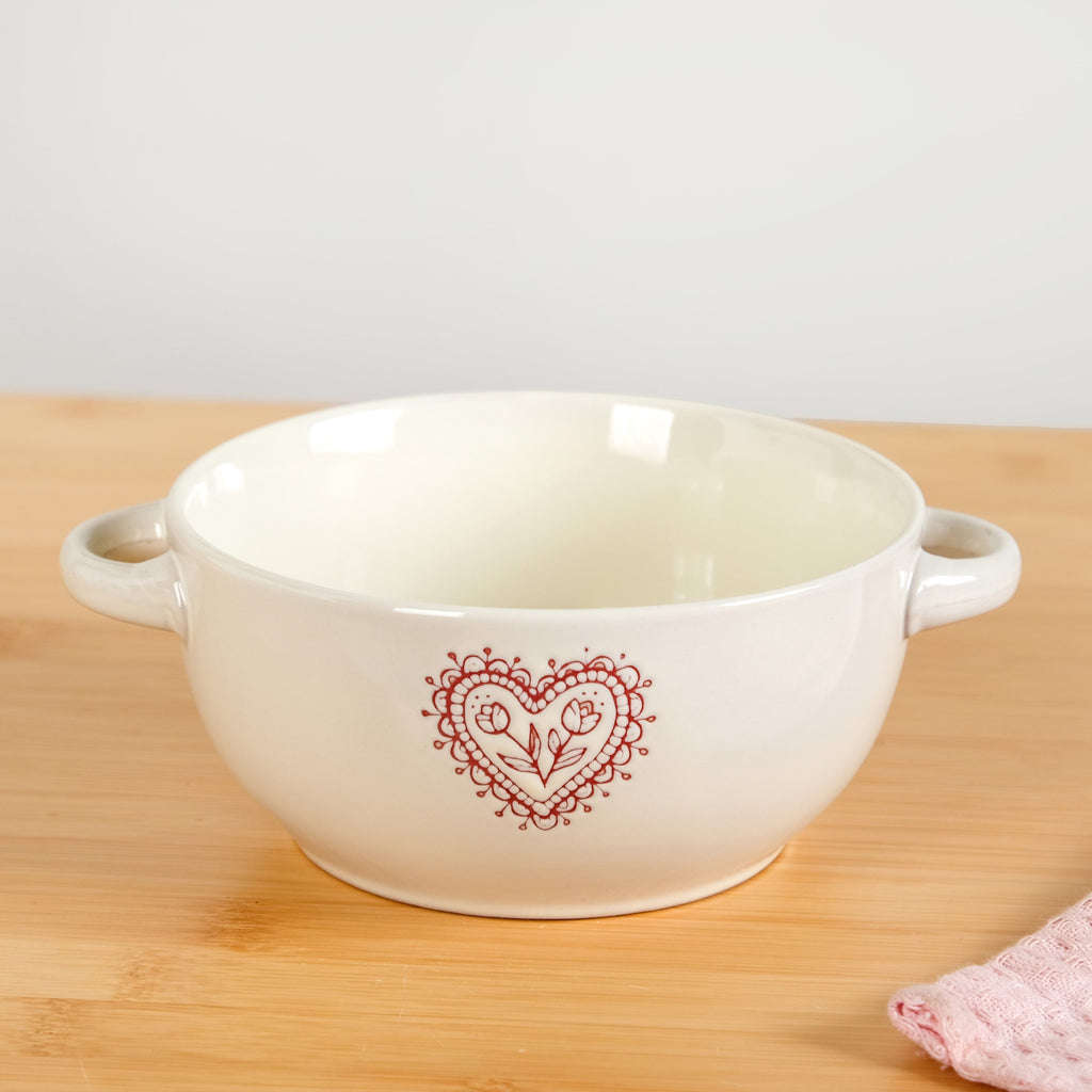 Hearty Ceramic Bowl With Handle Set Of 3 Red Grey Cream 370ml