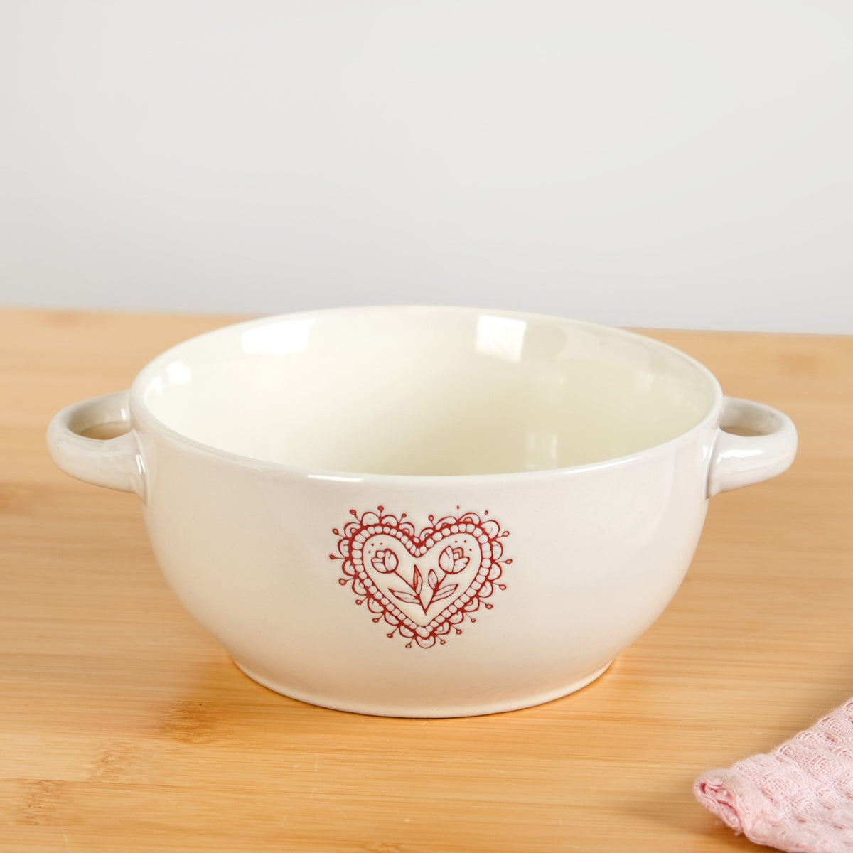Hearty Ceramic Bowl With Handle Set Of 3 Red Grey Cream 370ml