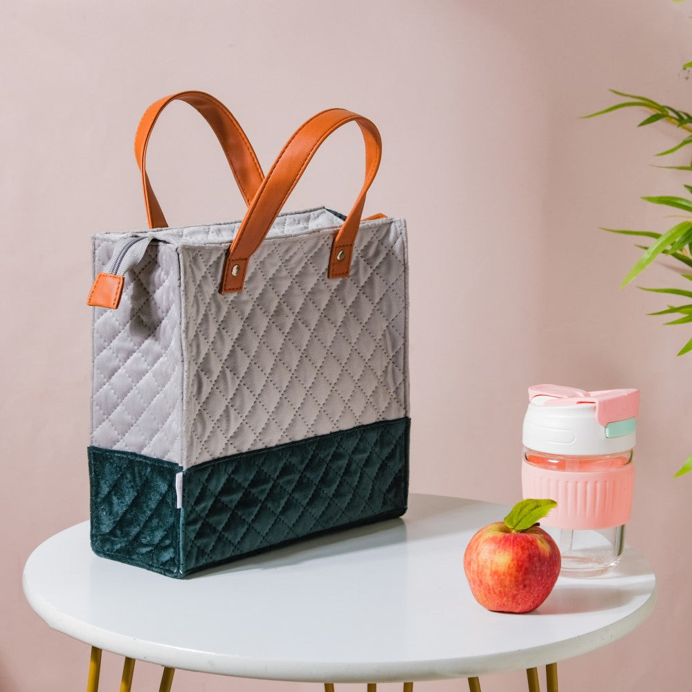 Luxe Velvet Lunch Bag Grey And Green