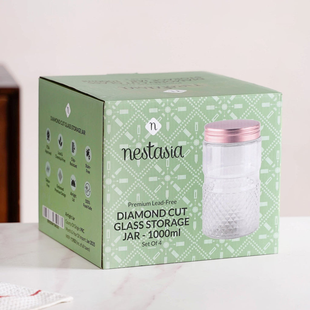 Diamond Embossed Storage Glass Jars With Lids Set Of 4 1000ml