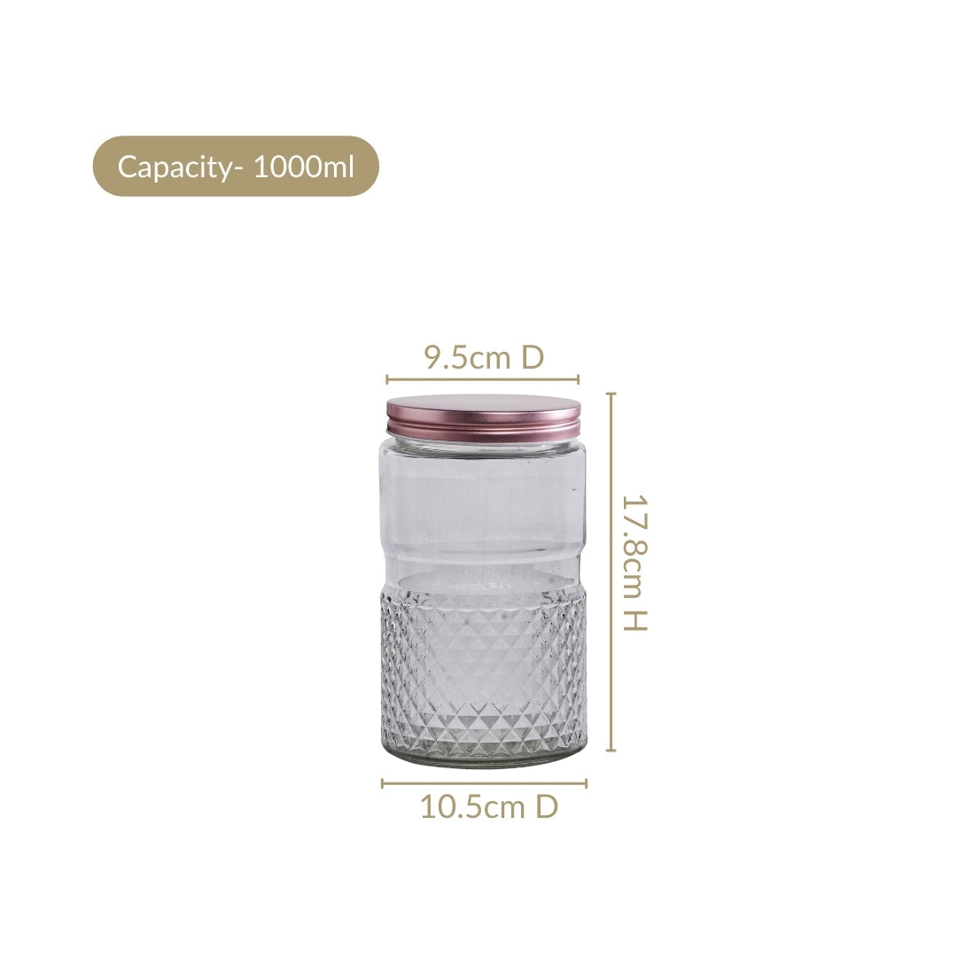 Diamond Embossed Storage Glass Jars With Lids Set Of 4 1000ml