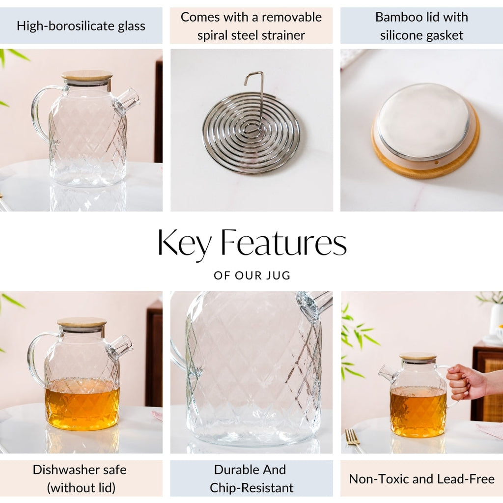 Diamond Glass Jug With Metal Spout Strainer 1700ml