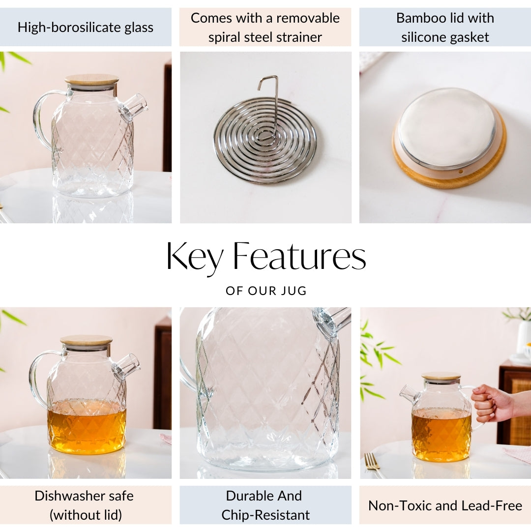 Diamond Glass Jug With Metal Spout Strainer 1700ml