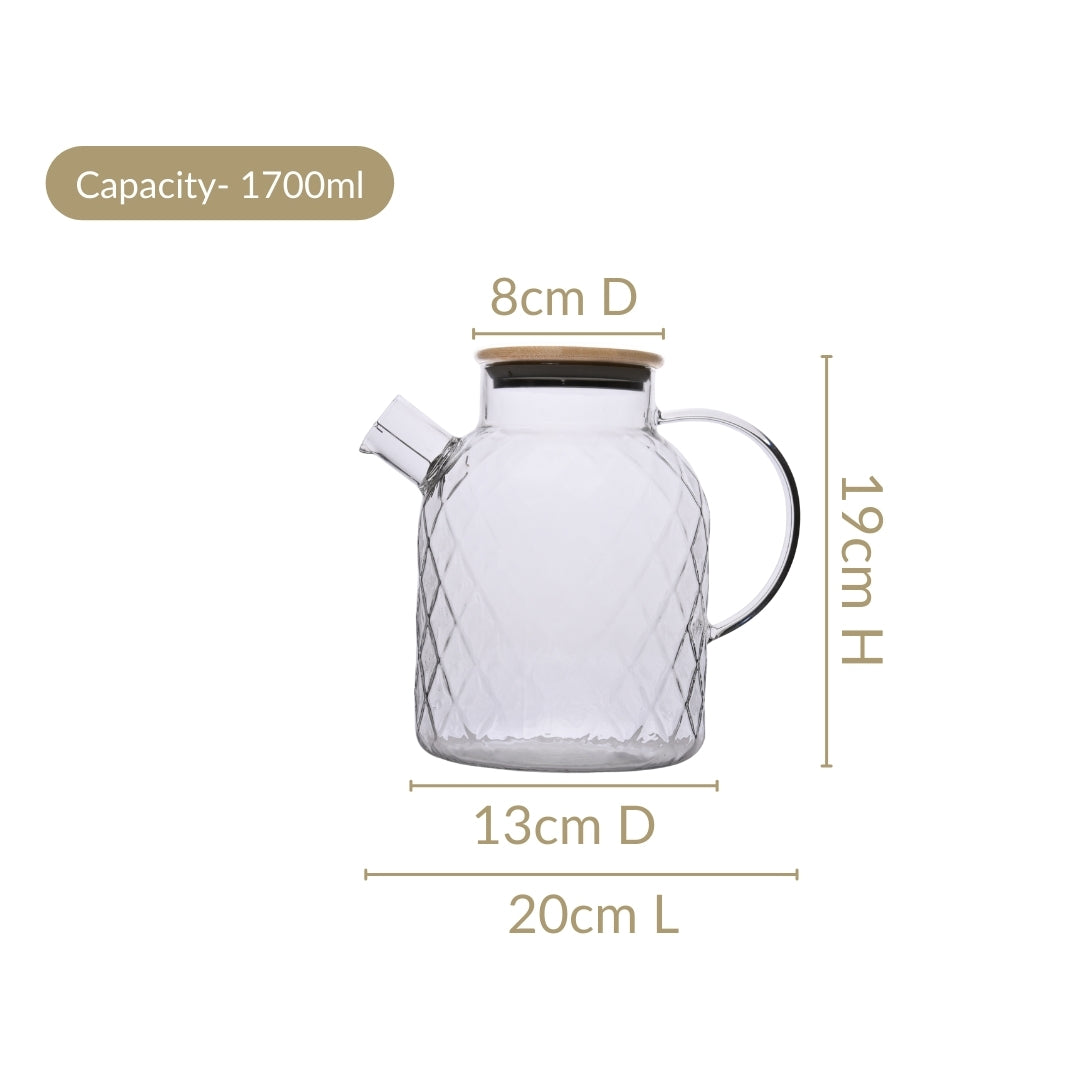 Diamond Glass Jug With Metal Spout Strainer 1700ml
