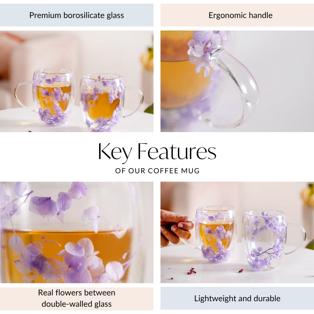 Double Wall Flower Inside Glass Insulated Mug Set Of 2 350ml