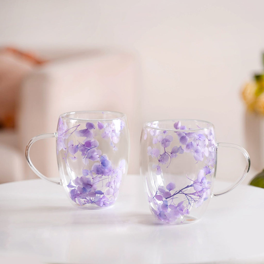 Double Wall Flower Inside Glass Insulated Mug Set Of 2 350ml