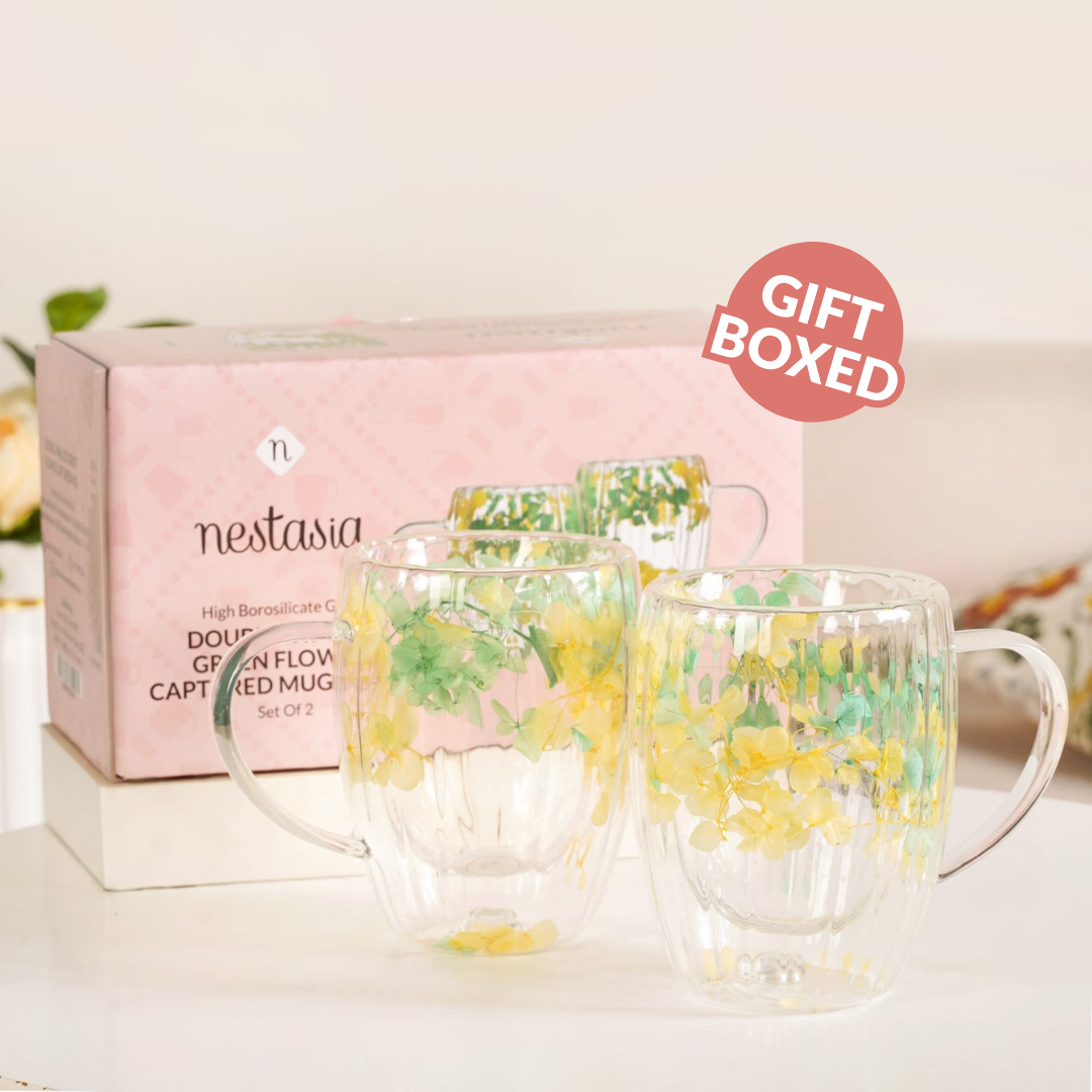 Double Walled Real Green Flower Mug Set Of 2 350ml