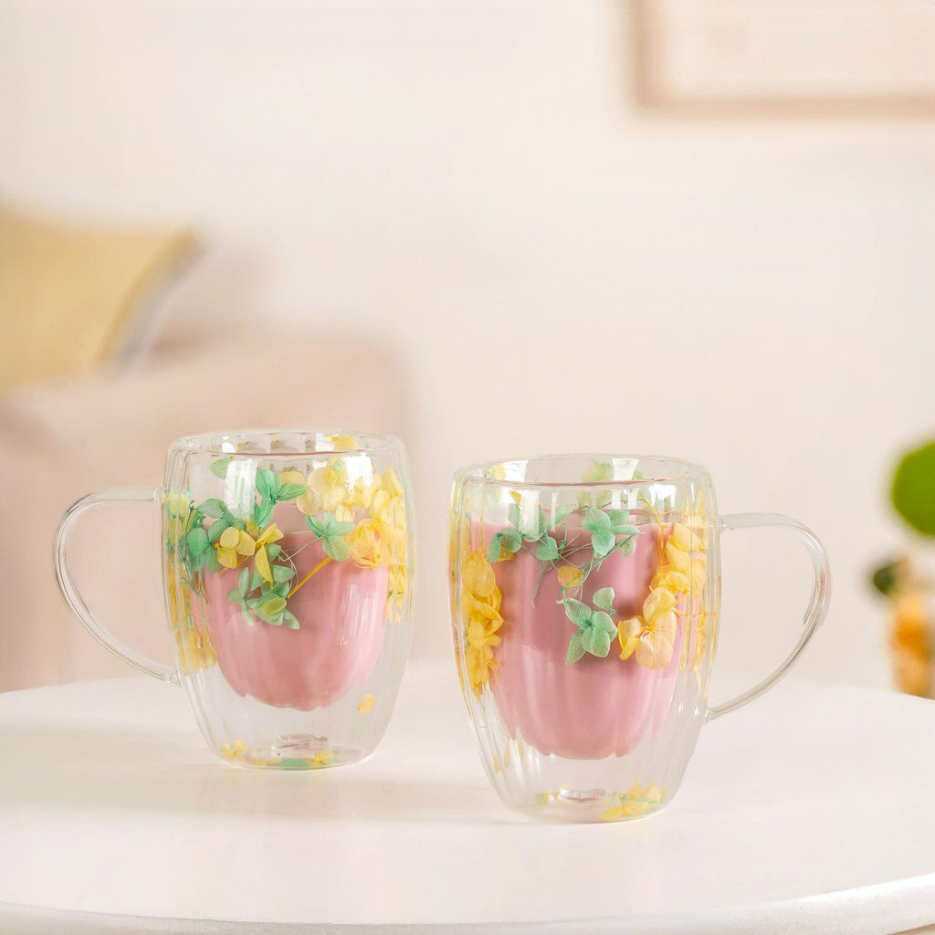 Double Walled Real Green Flower Mug Set Of 2 350ml