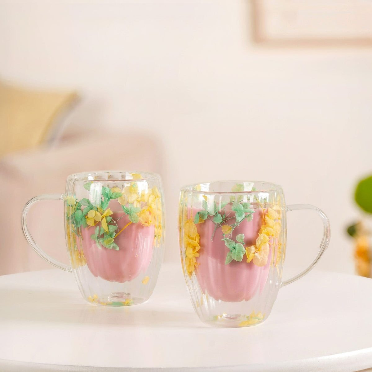 Double Walled Real Green Flower Mug Set Of 2 350ml