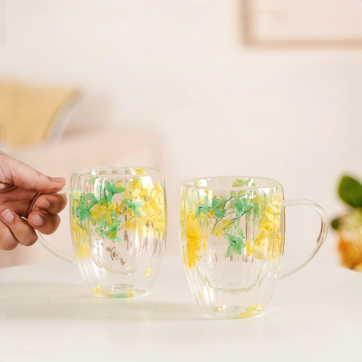 Double Walled Real Green Flower Mug Set Of 2 350ml