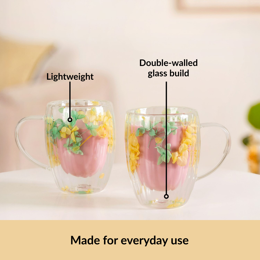 Double Walled Real Green Flower Mug Set Of 2 350ml