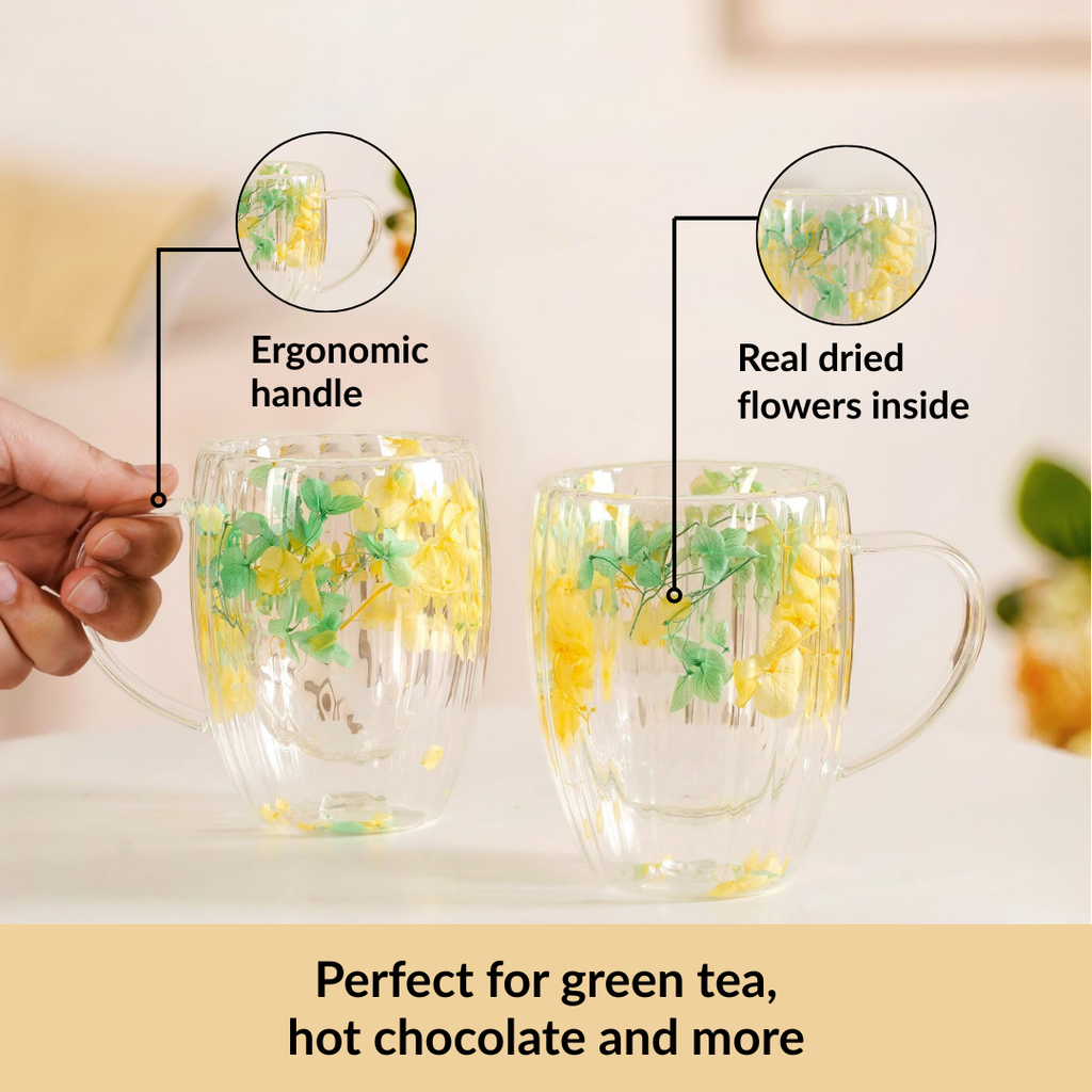 Double Walled Real Green Flower Mug Set Of 2 350ml