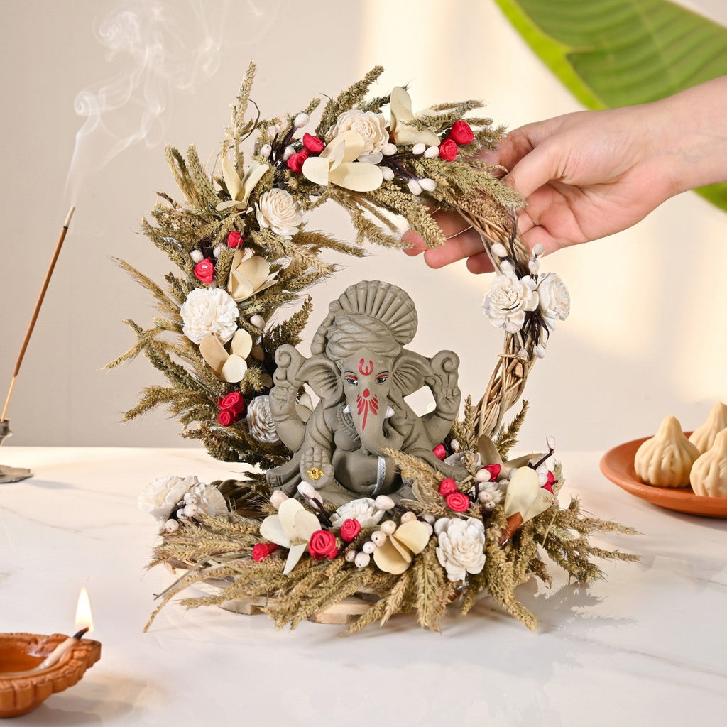 Sustainable Clay Ganapati Bappa Idol With Handmade Dried Flowers Backdrop Base