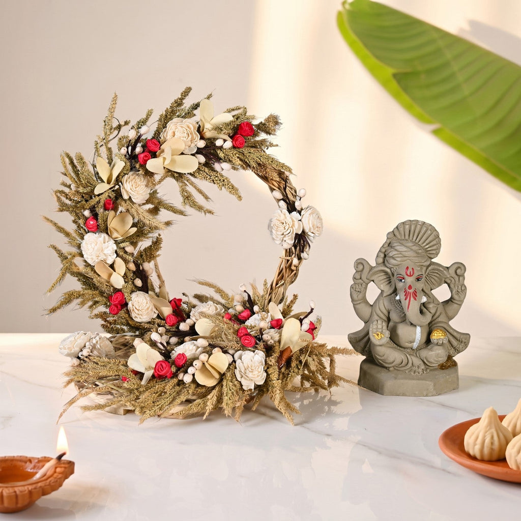 Sustainable Clay Ganapati Bappa Idol With Handmade Dried Flowers Backdrop Base