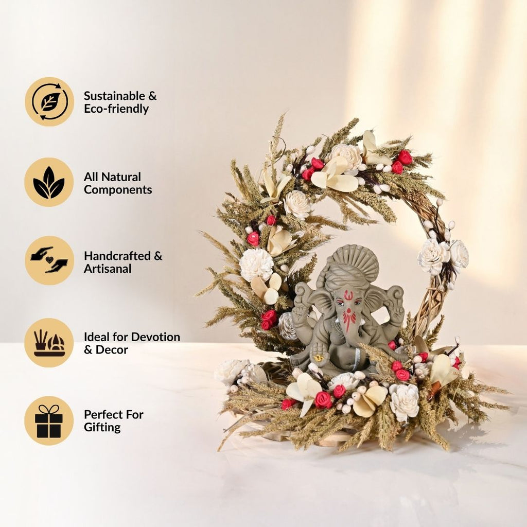 Sustainable Clay Ganapati Bappa Idol With Handmade Dried Flowers Backdrop Base
