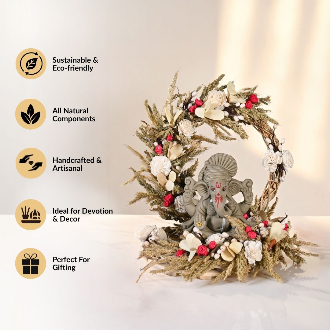 Sustainable Clay Ganapati Bappa Idol With Handmade Dried Flowers Backdrop Base