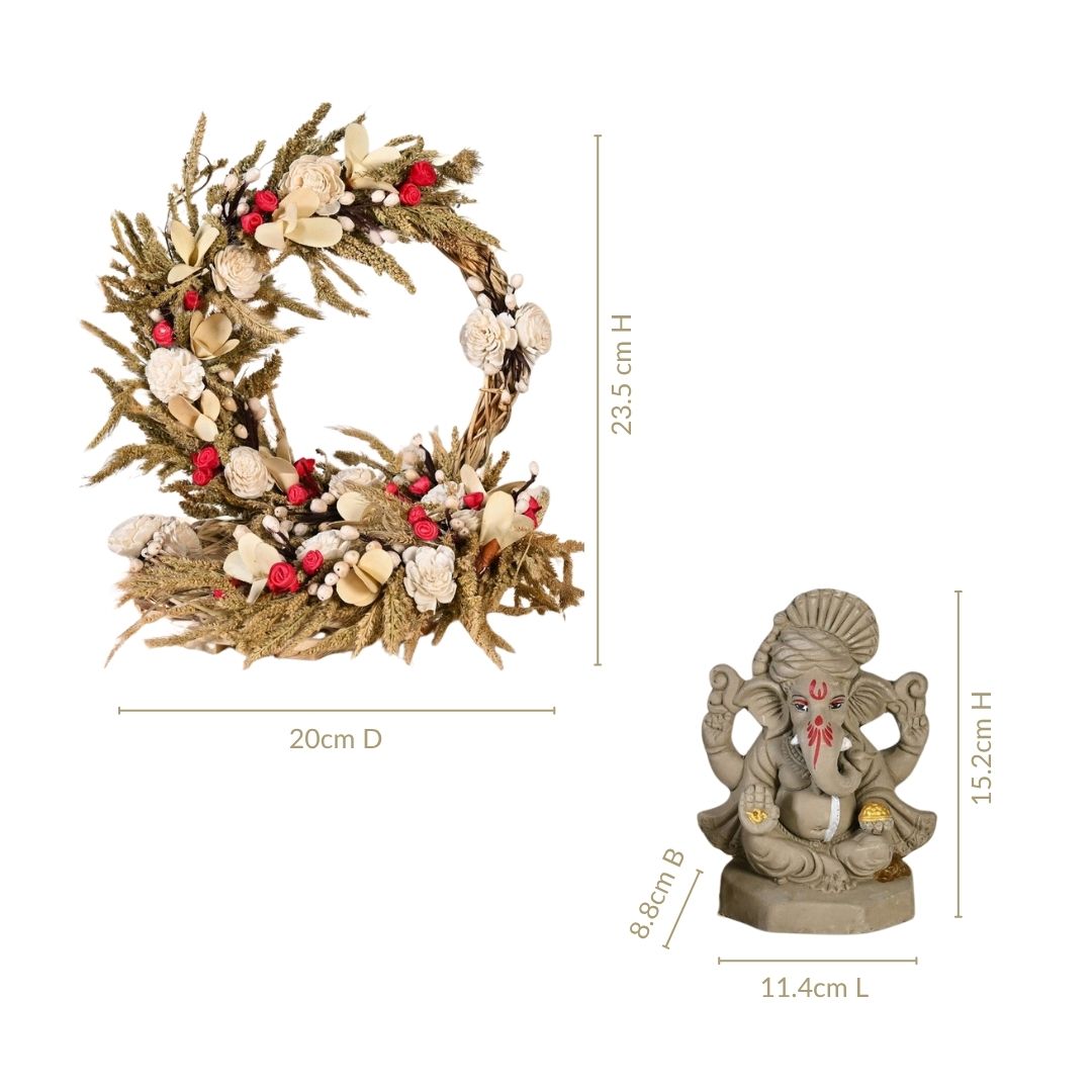 Sustainable Clay Ganapati Bappa Idol With Handmade Dried Flowers Backdrop Base