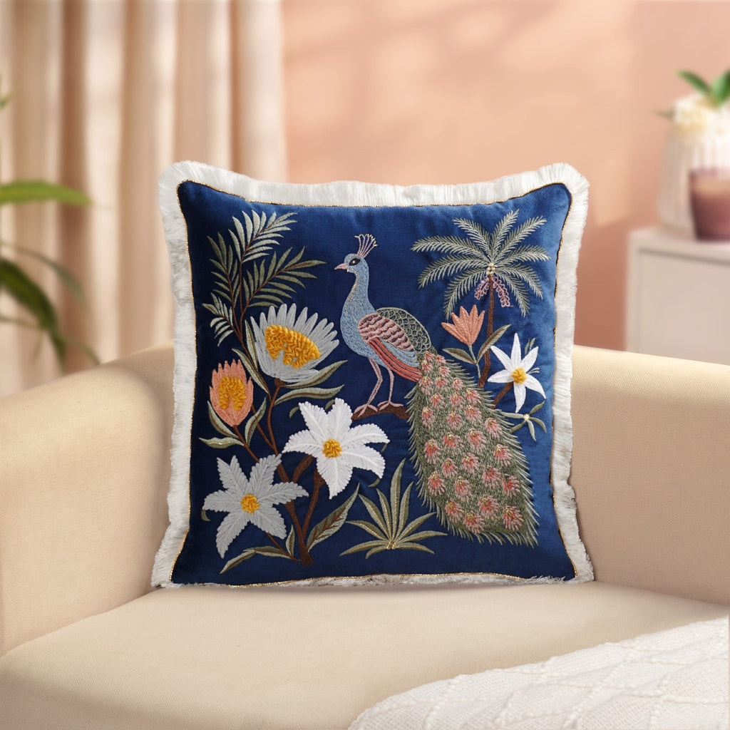 Embroidered Peacock Peonies Cushion Cover 40x40cm