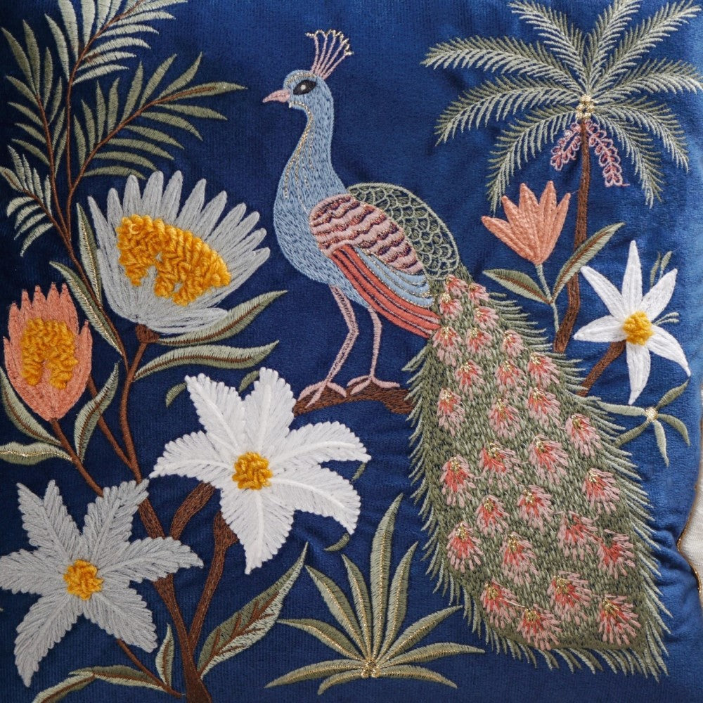 Embroidered Peacock Peonies Cushion Cover 40x40cm