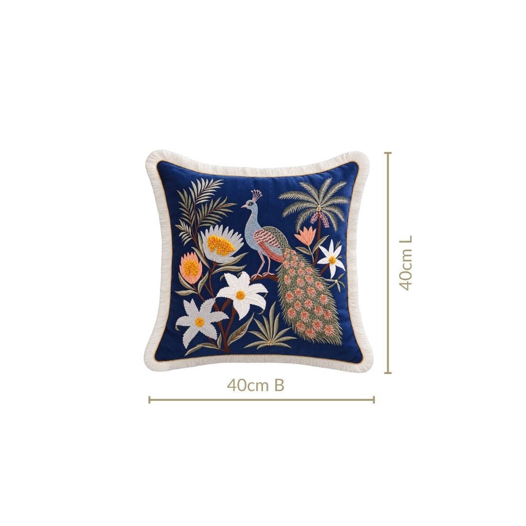 Embroidered Peacock Peonies Cushion Cover 40x40cm