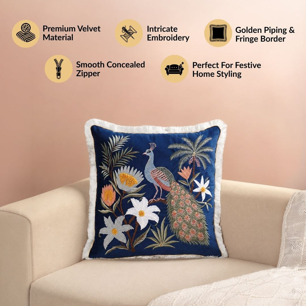 Embroidered Peacock Peonies Cushion Cover 40x40cm