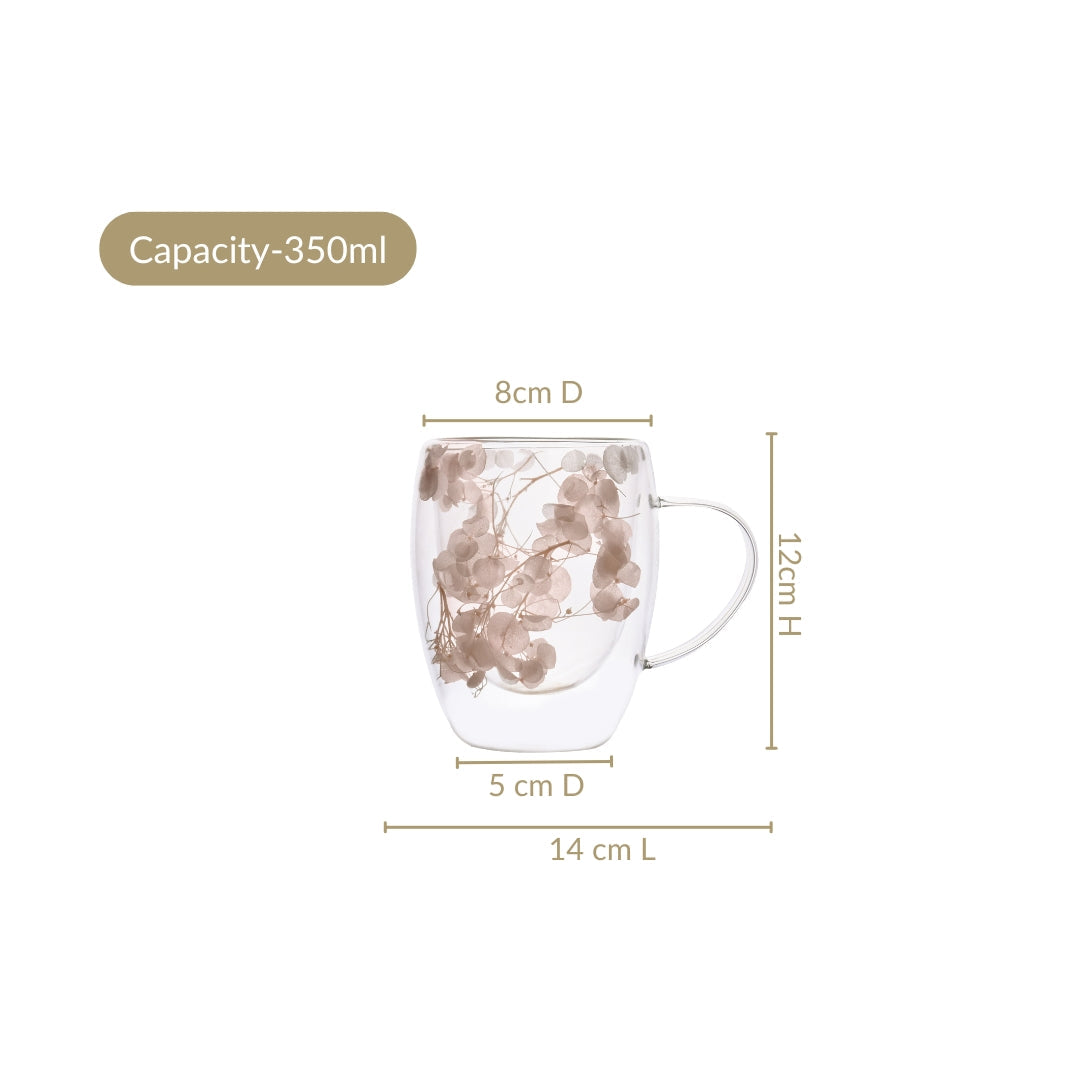 Dried Flowers Inside Double Glass Coffee Mug Set Of 2 350ml