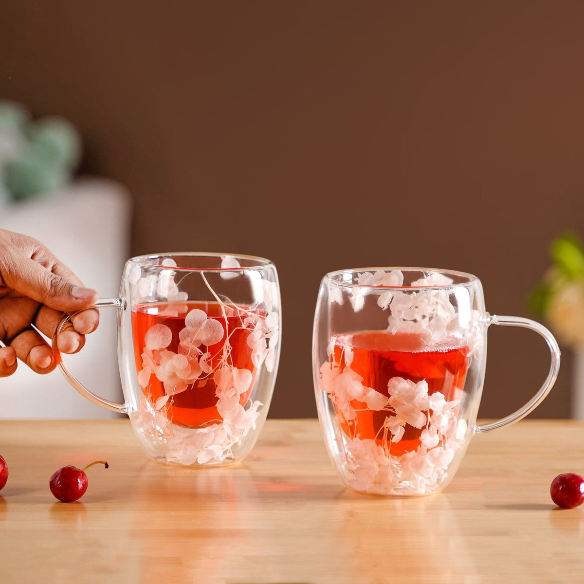 Dried Flowers Inside Double Glass Coffee Mug Set Of 2 350ml