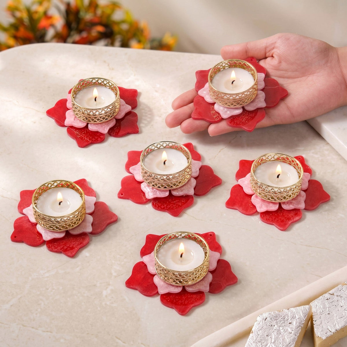 Festive Florelle Tealight Holder Pink Set Of 6