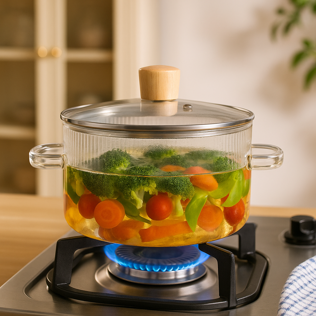 Fluted Design Glass Cooking Pot With Lid 1800ml