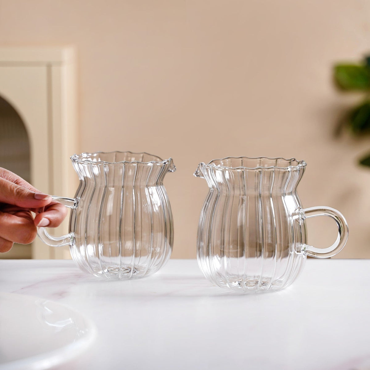 Fluted Glass Creamer Coffee Jug Set Of 2 375ml