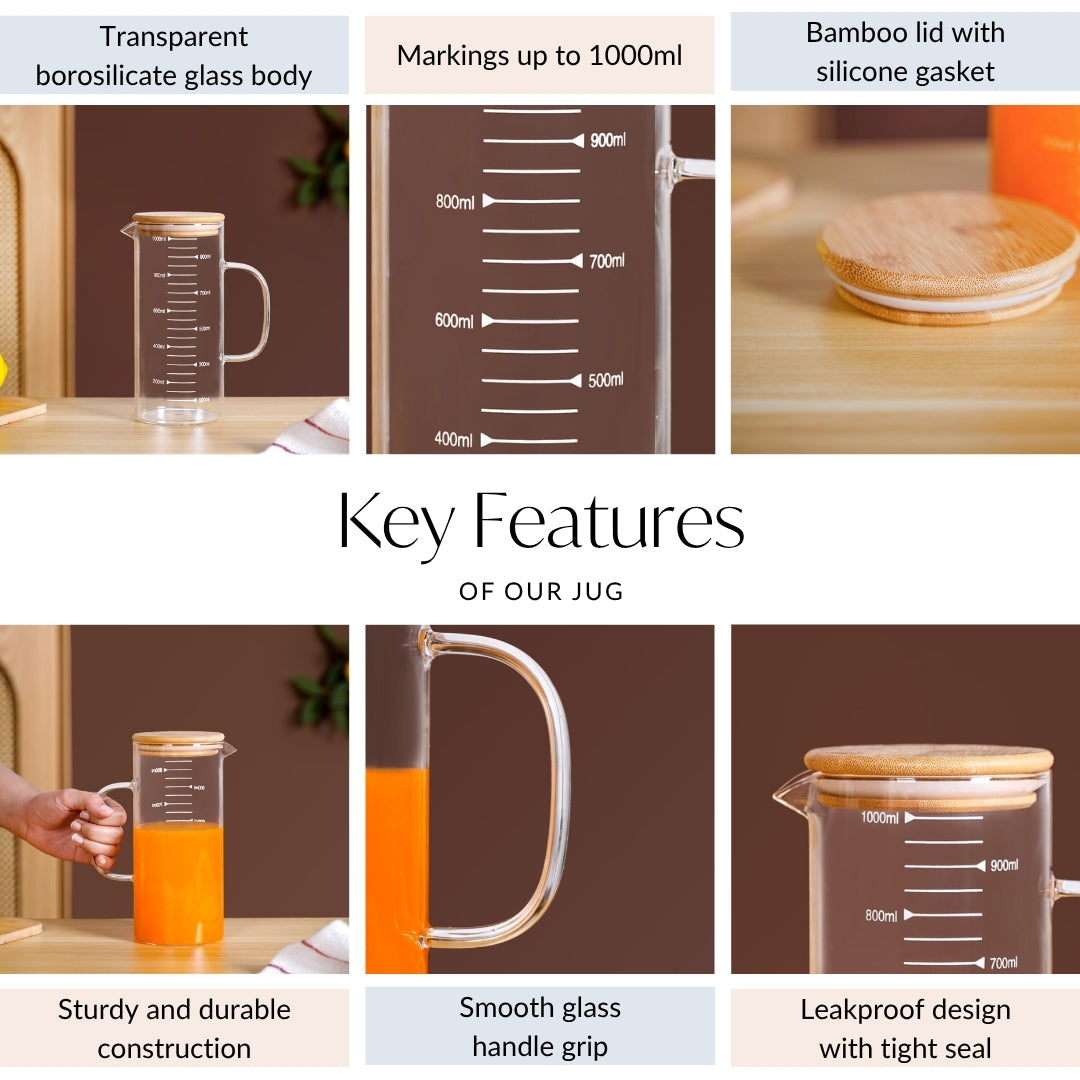 Glass Jug With Measuring Marks And Bamboo Lid 1000ml