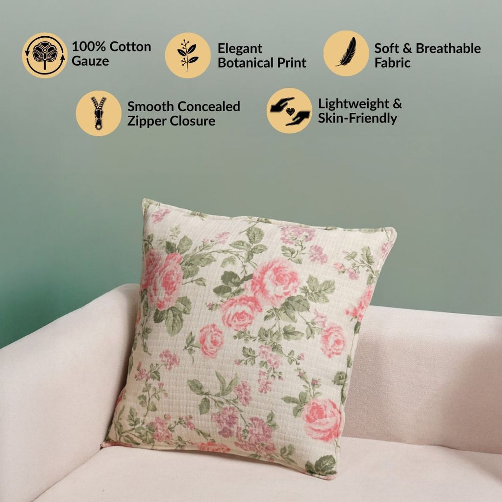 Peony Garden Embroidered Cotton Cushion Cover 40x40cm