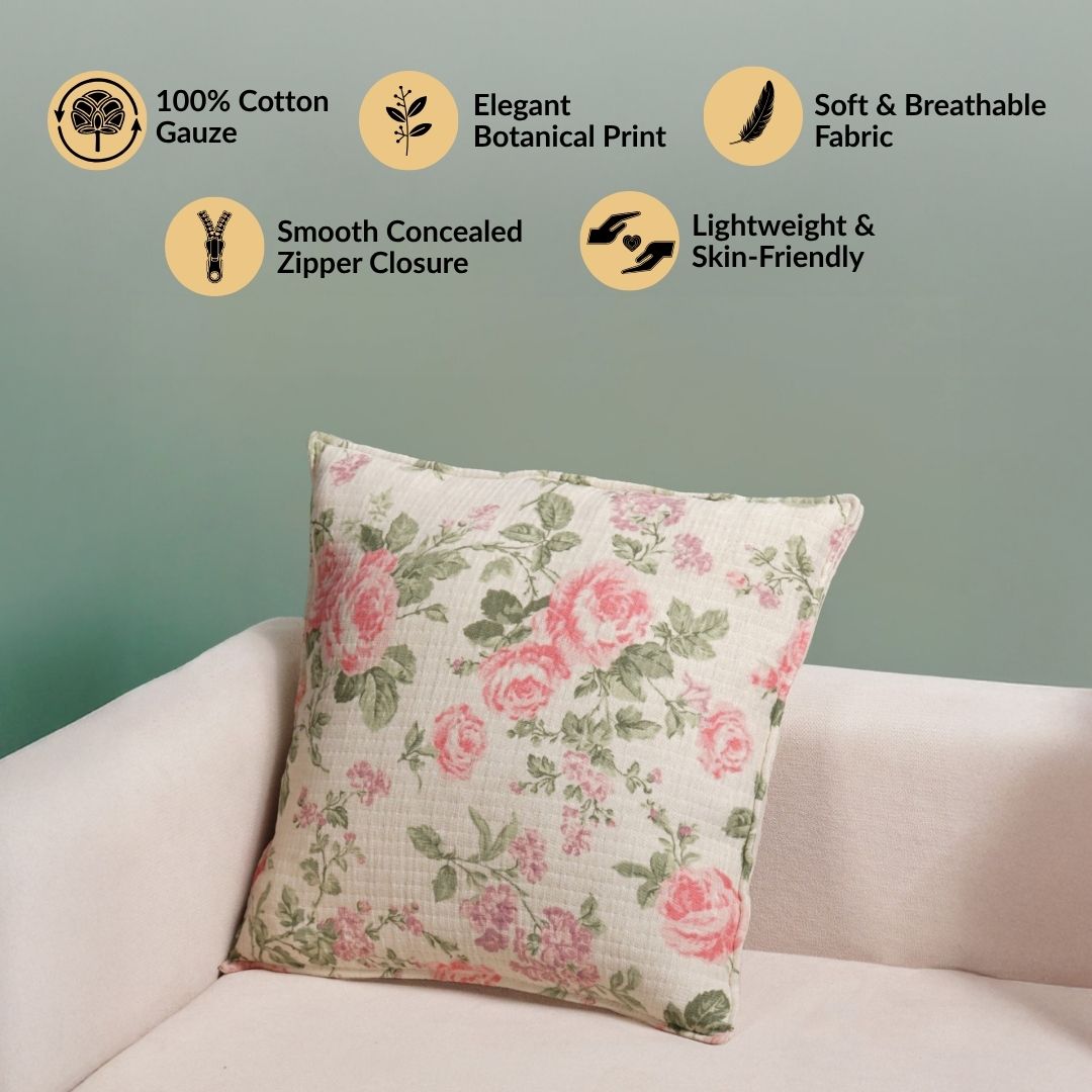 Peony Garden Embroidered Cotton Cushion Cover 40x40cm