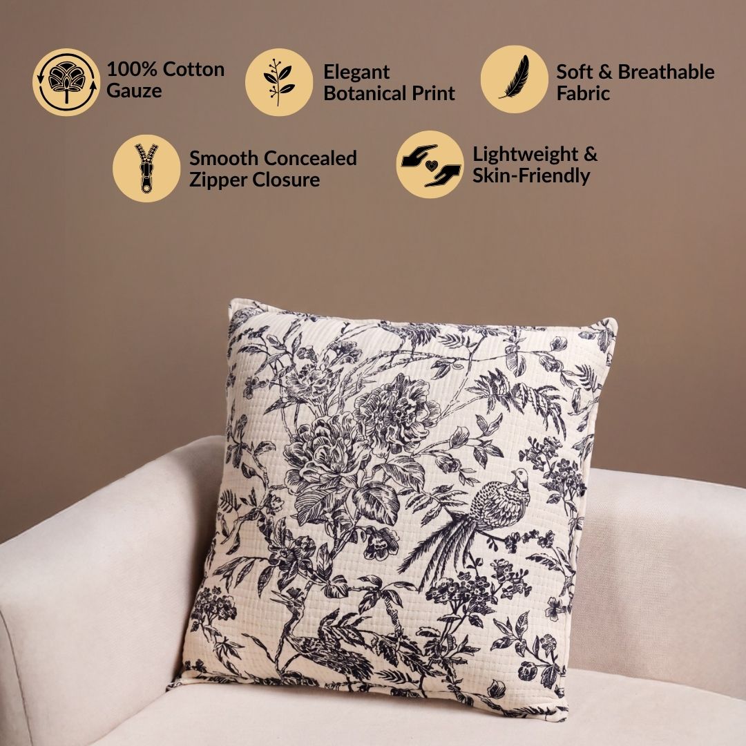 Vintage Aviary Cotton Embroidered Cushion Cover 45x45cm