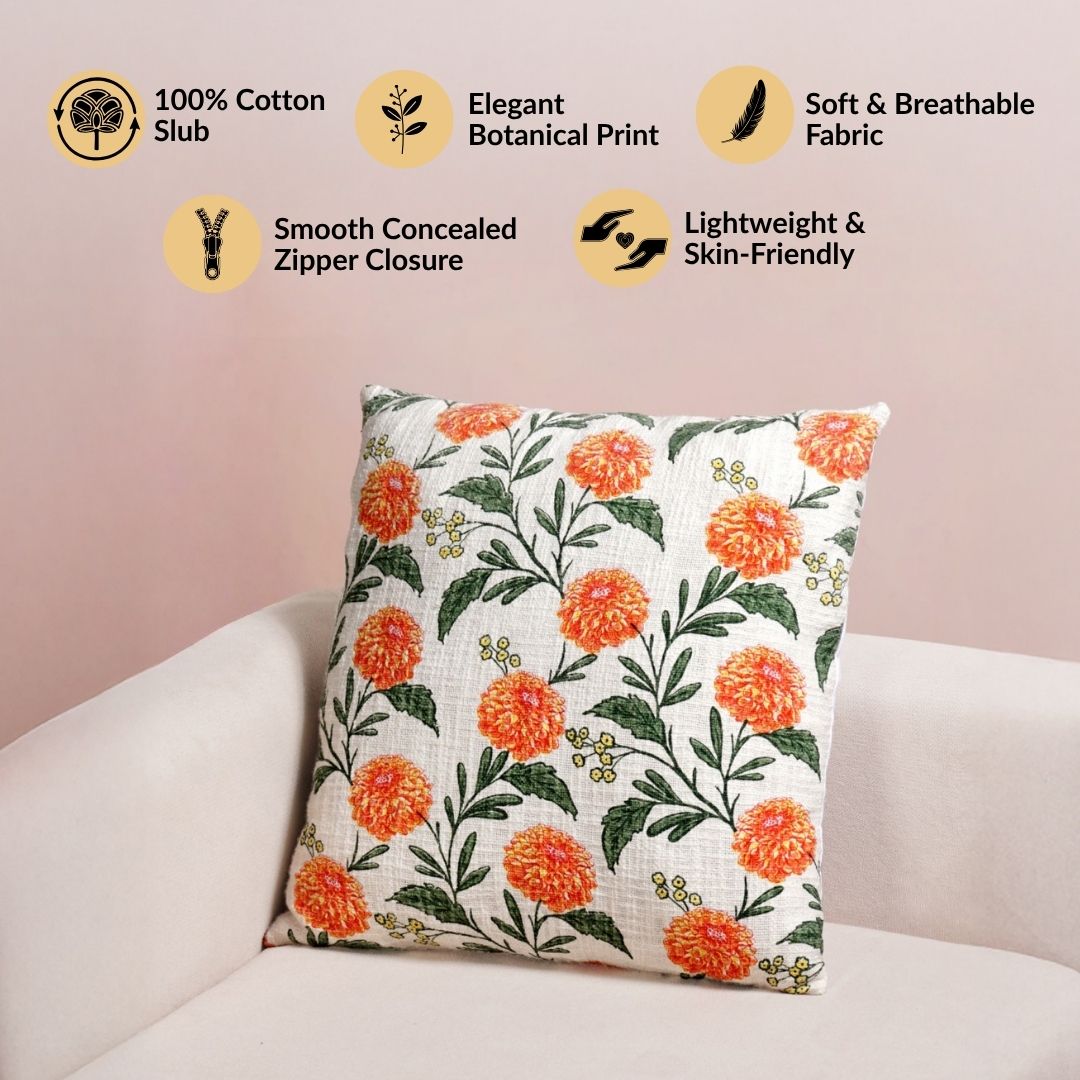 Marigold Bloom Embroidered Cotton Cushion Cover 45x45cm
