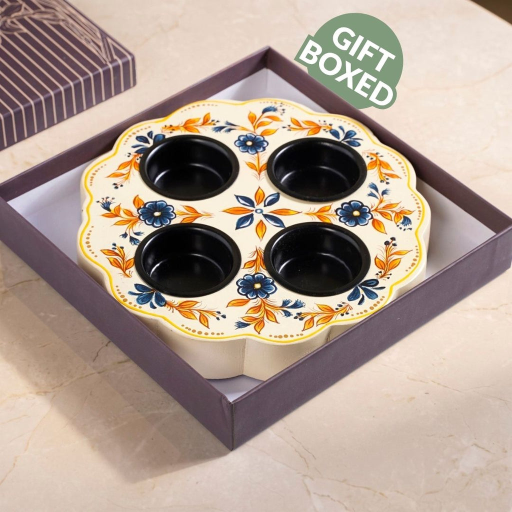 Handpainted Botanica Wooden Tealight Holder With Tealights