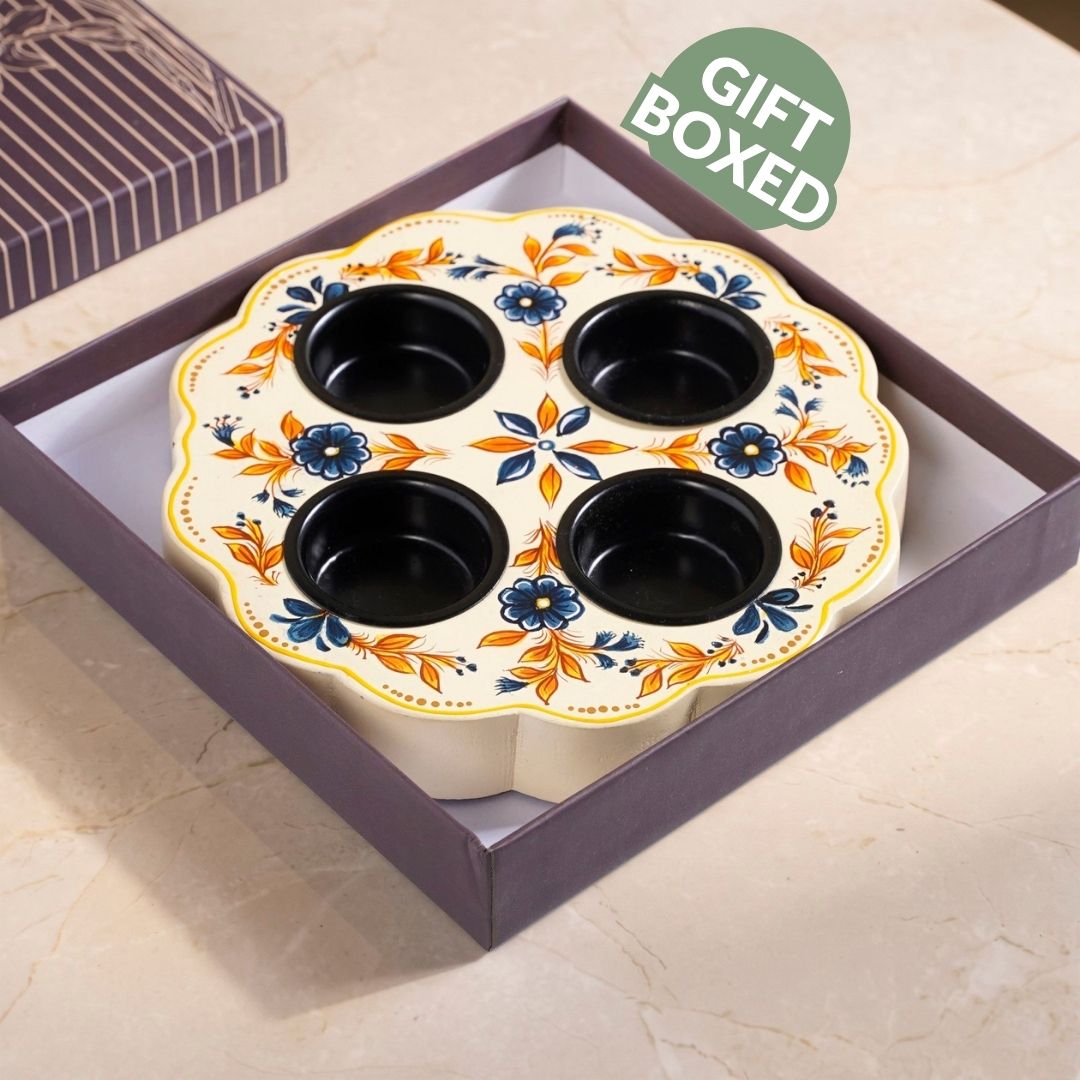 Handpainted Botanica Wooden Tealight Holder With Tealights