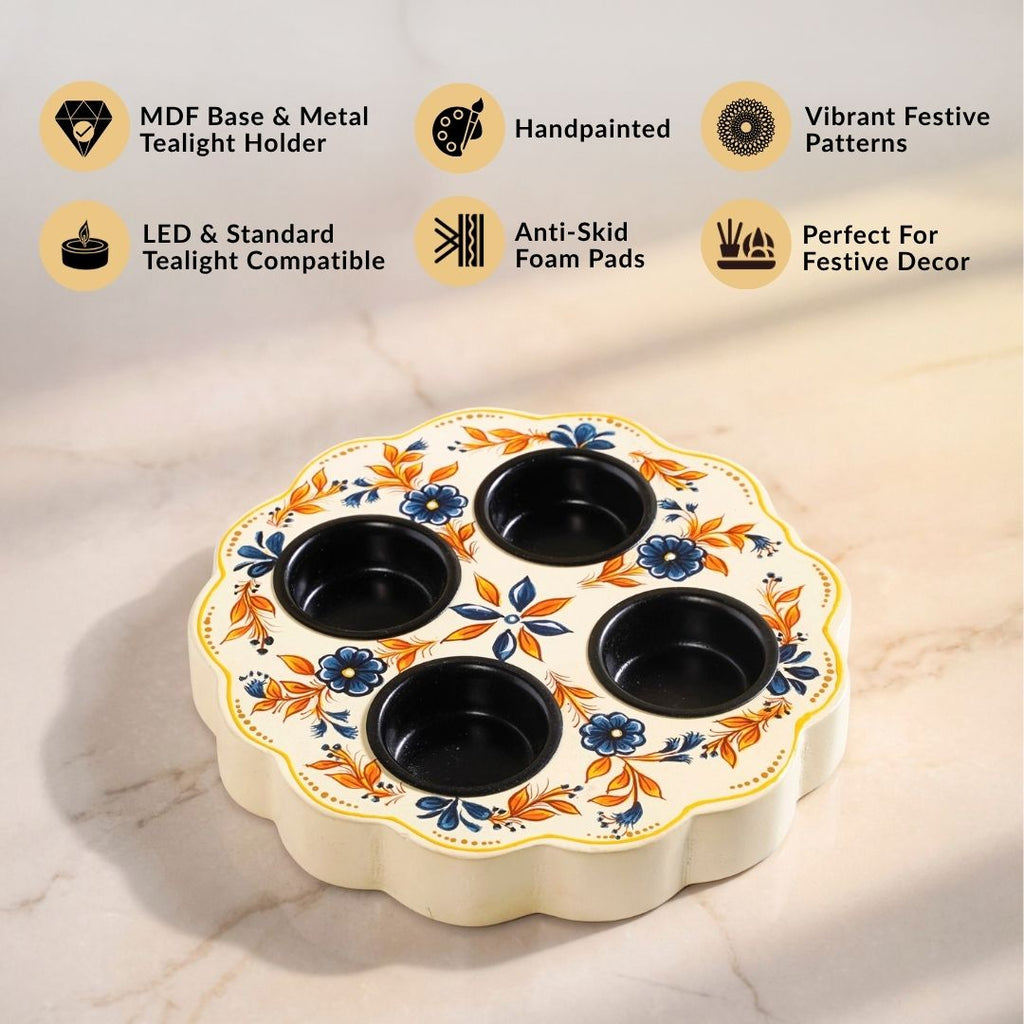 Handpainted Botanica Wooden Tealight Holder With Tealights