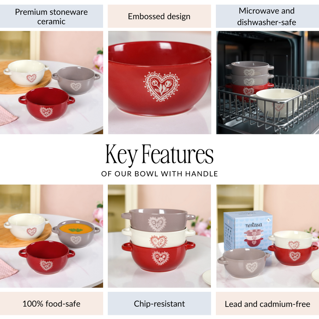 Hearty Ceramic Bowl With Handle Set Of 3 Red Grey Cream 370ml