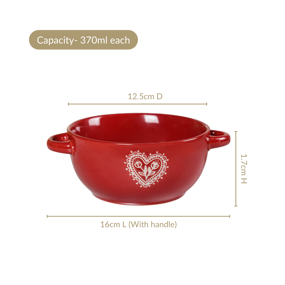 Hearty Ceramic Bowl With Handle Set Of 3 Red Grey Cream 370ml